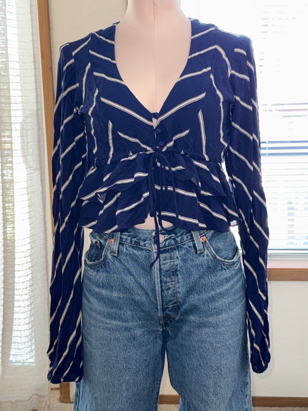 Striped Navy Peplum Tie-Front Top